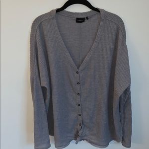 Gray V-Neck Button Down Long Sleeve Top